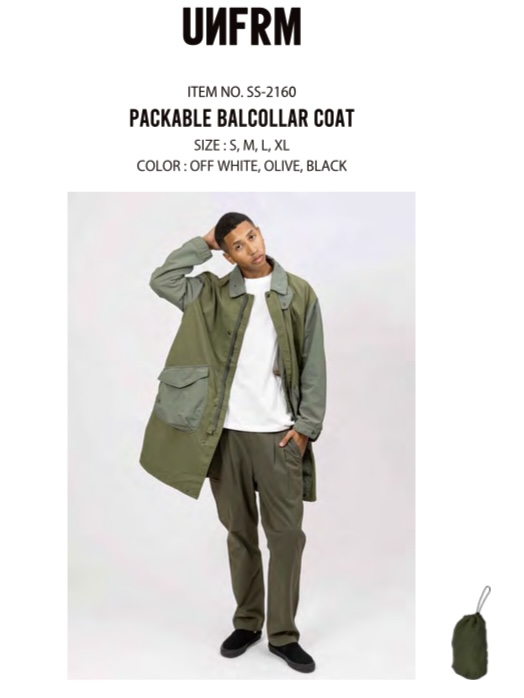 ブランド UNFRM（ユニフォーム）の春夏新作アイテムであるコートを男性モデルが着用している写真